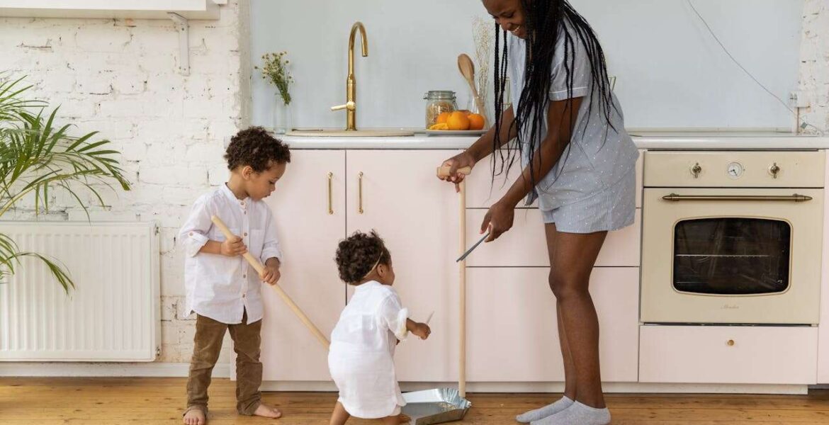 Busy Family Tackles Quick Cleaning Together in a Cozy Kitchen