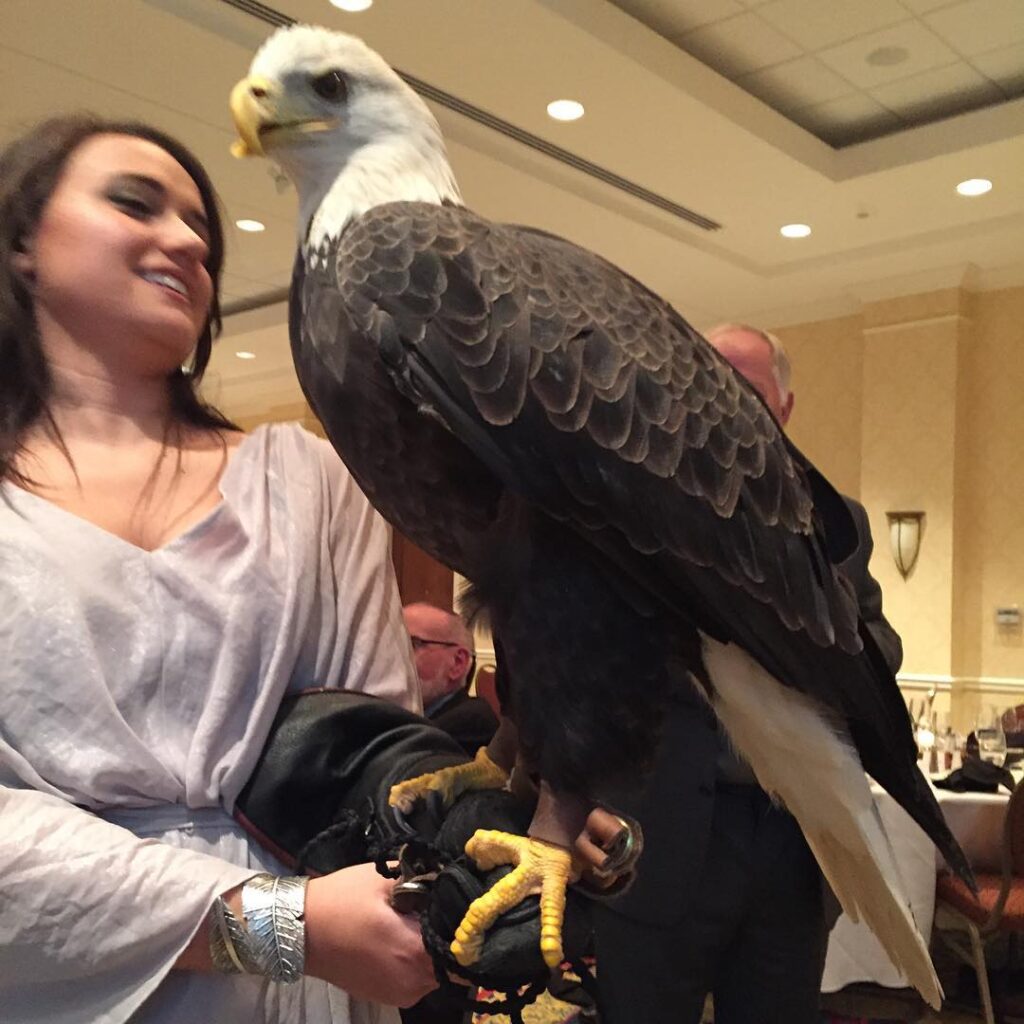 Stephanie Hurt, wife of Charles Hurt, holding a Bald Eagle at an event, showcasing wildlife conservation efforts.