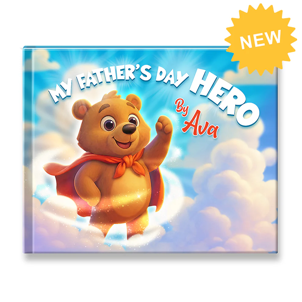  Personalized Father’s Day story book with a superhero teddy bear and custom child name on the cover. 