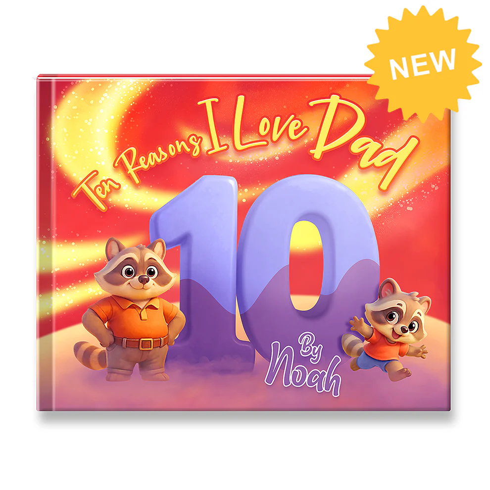 Personalized Father's Day book cover titled "Ten Reasons I Love Dad By Noah" with cartoon raccoons, a large purple number 10, and a colorful cosmic background.
