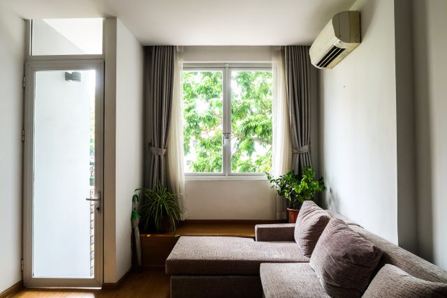 Living room with a cozy sofa, indoor plants, and a large window with curtains.